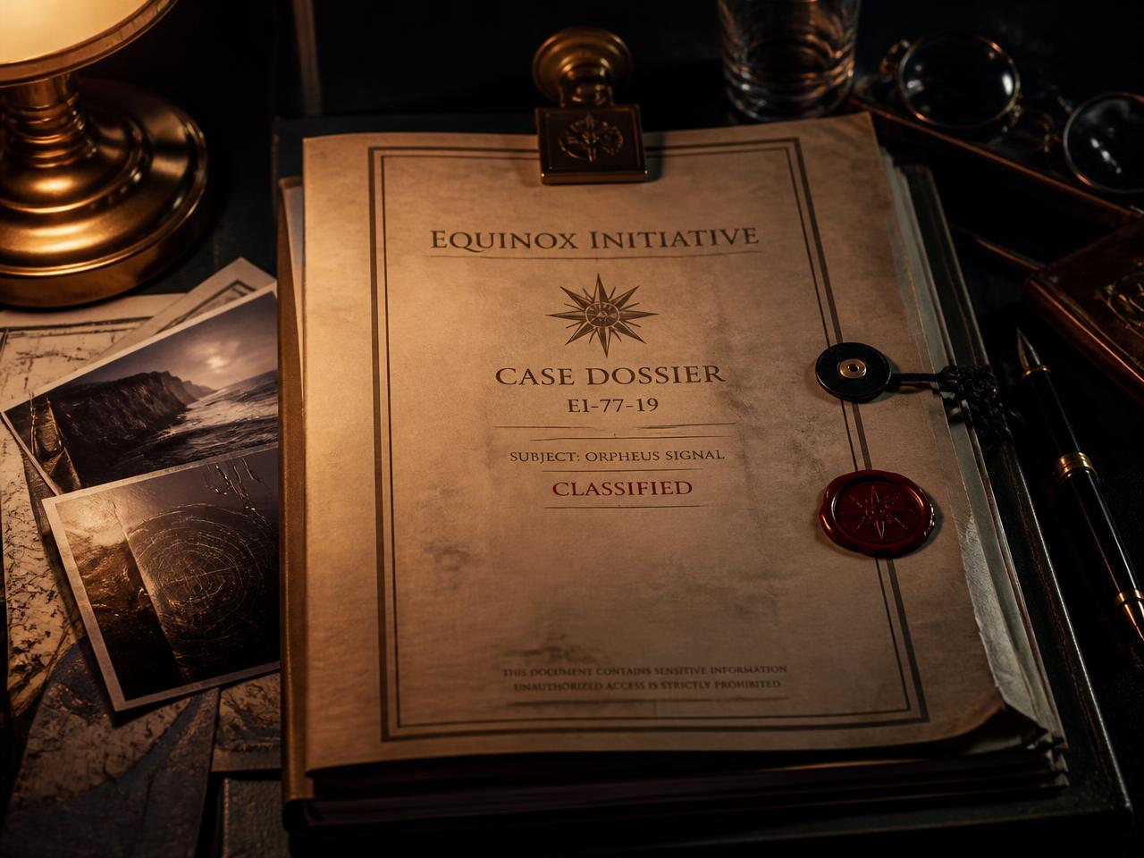 Fictional sealed case dossier under warm lamp light