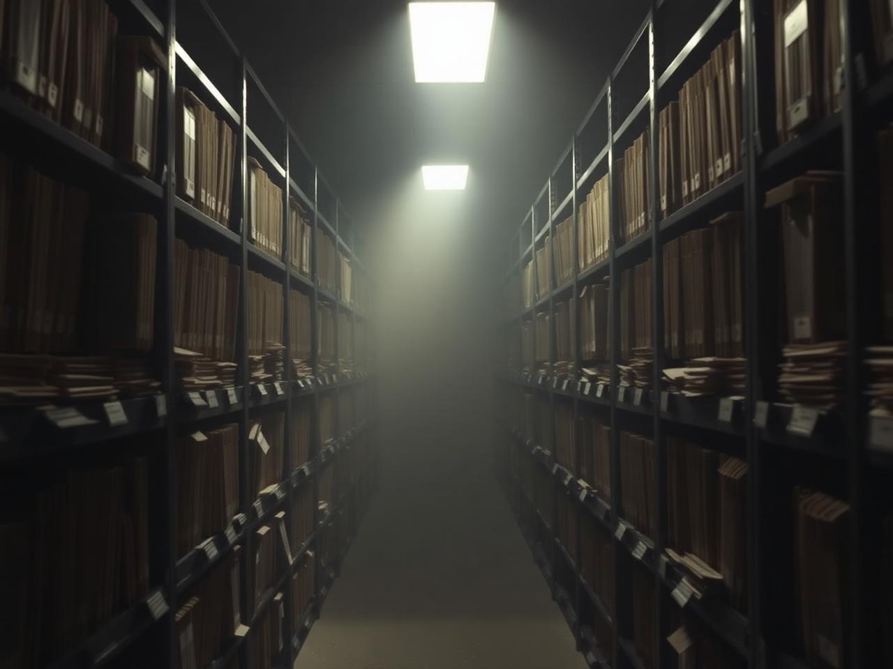 Fictional bureau archive room lined with document boxes
