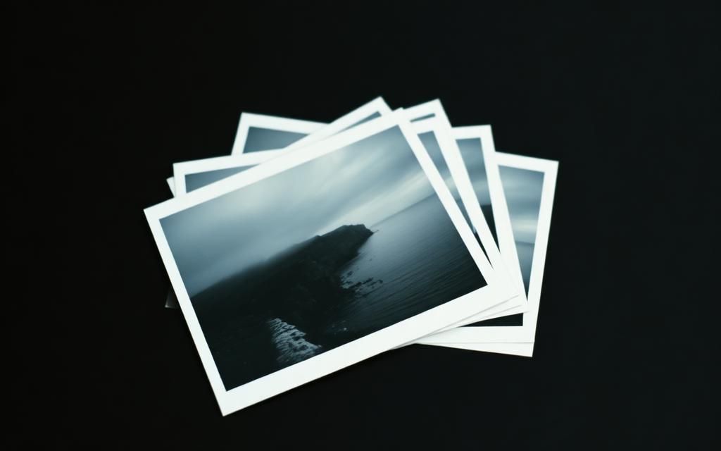 Fictional stack of coastal archive photographs on a dark surface