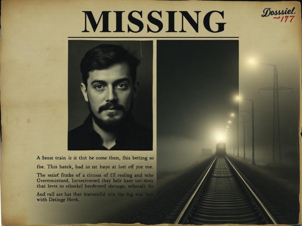 Fictional missing notice layered over a train in fog