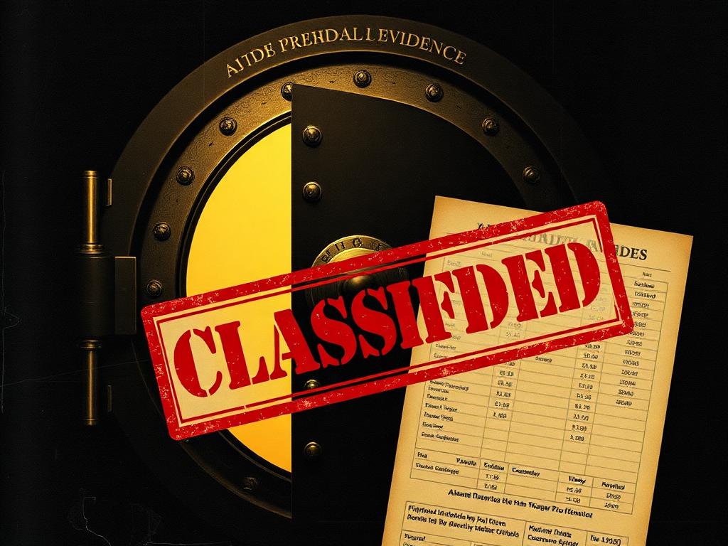 Fictional ledger evidence stamped classified before a vault door