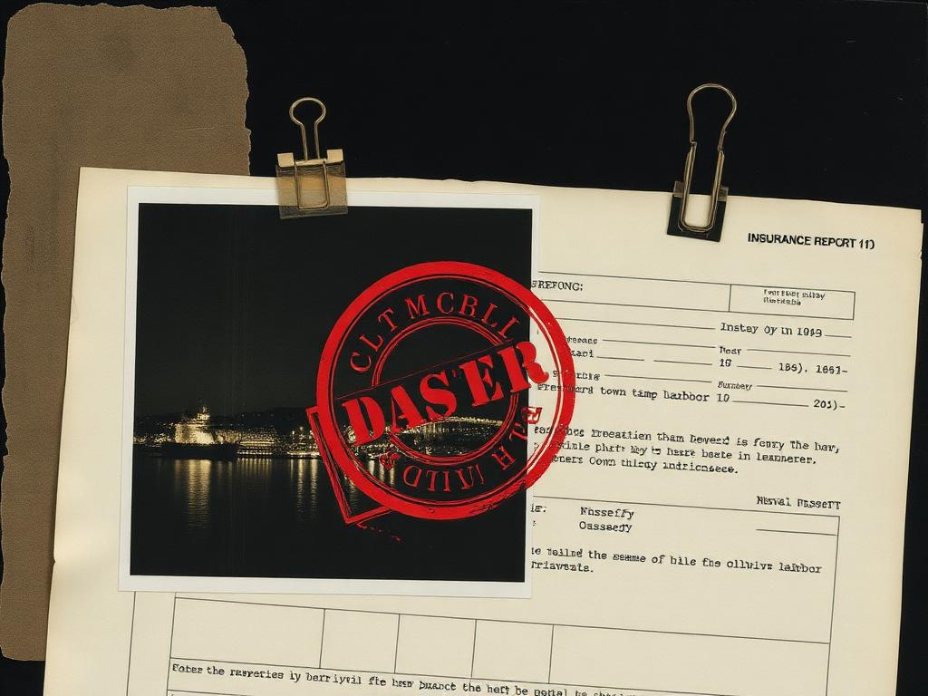 Fictional claim report stamped over a night harbour photograph
