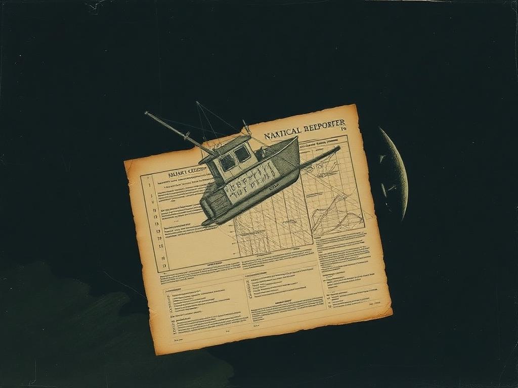 Fictional nautical chart and salvage report with a wrecked boat