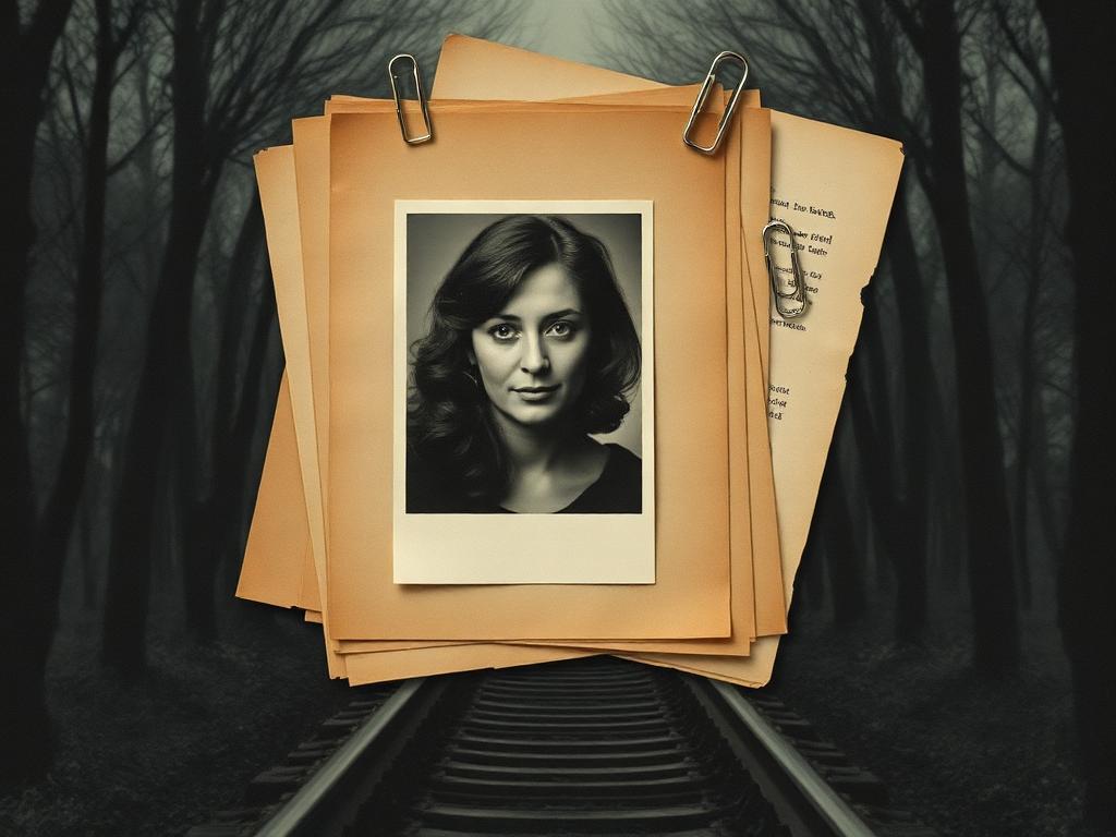 Fictional case dossier with a grainy portrait over a dark forest railway