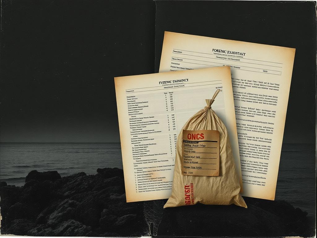 Fictional forensic report pages beside a tagged evidence bag