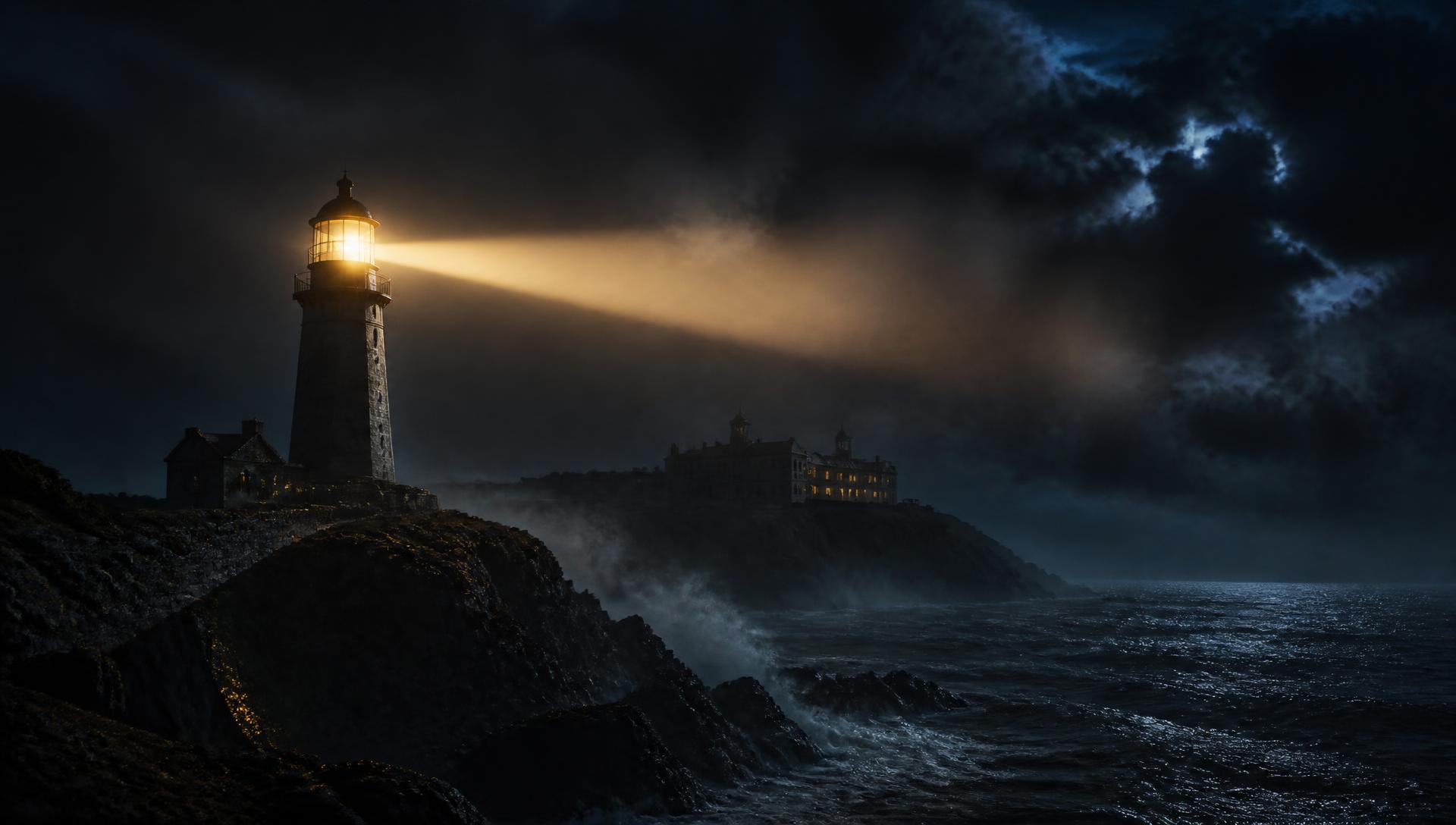 Fictional coastal lighthouse at night casting a golden beam over mist and dark water