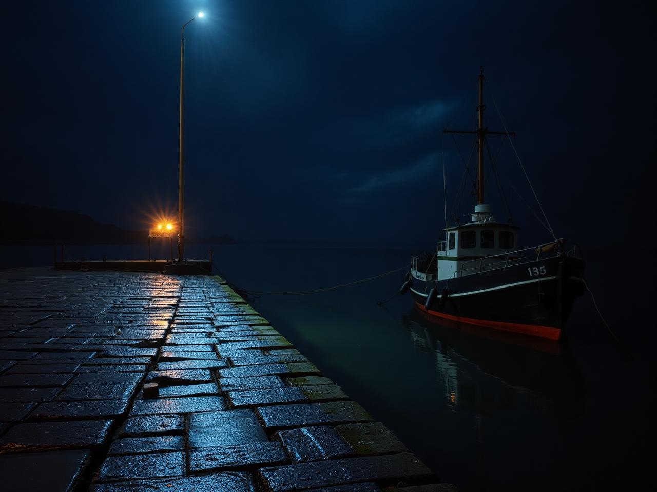 Fictional night harbour scene with a moored trawler and wet stone quay