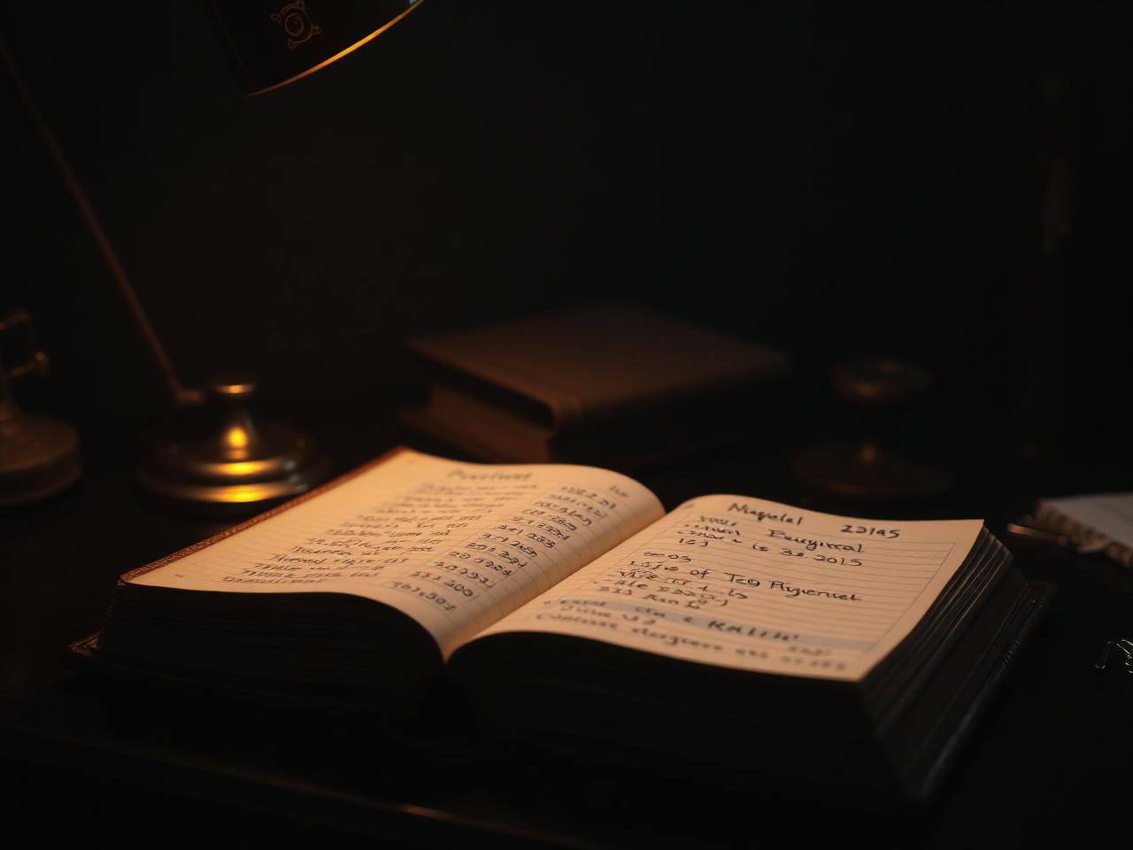 Fictional handwritten accounting ledger open under a warm desk lamp
