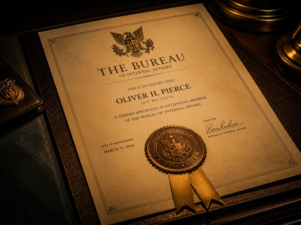Fictional bureau membership certificate with an embossed bronze seal
