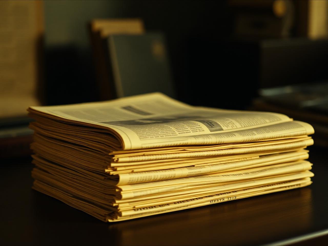 Fictional stack of yellowed archived newspapers on a dark table