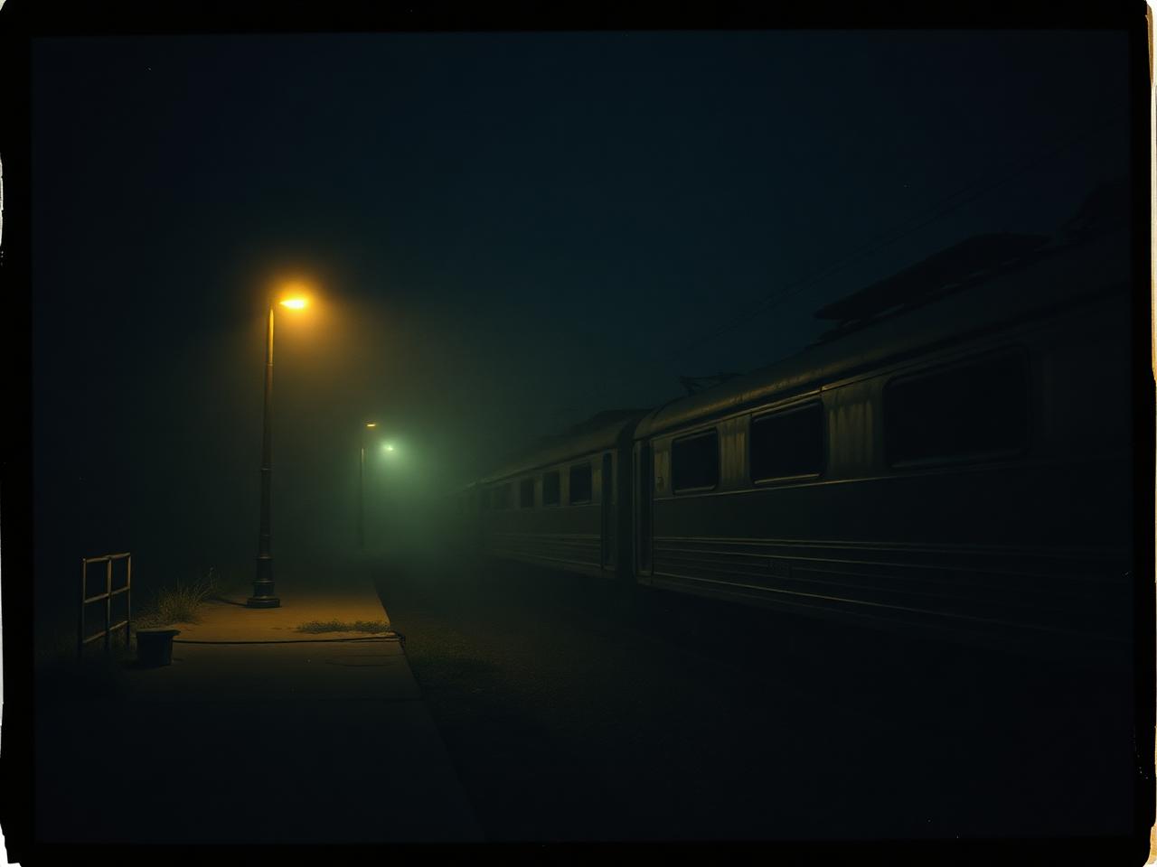 Fictional night train halted at a fog-covered rural platform under a single lamp