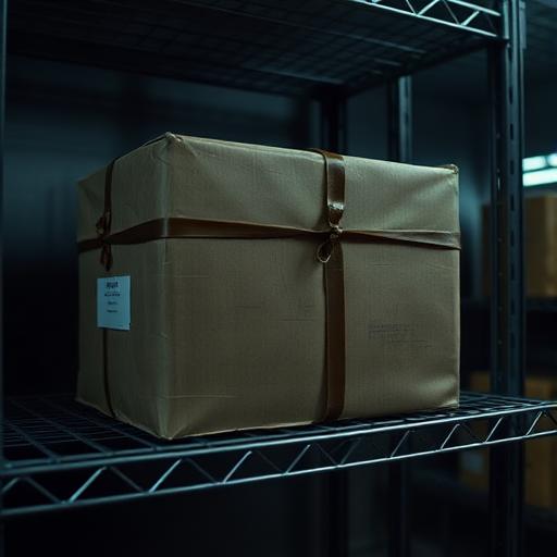 Fictional sealed archive box on a storage shelf