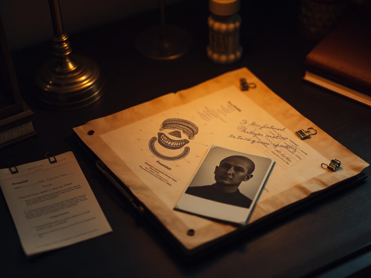 Fictional unidentified-person file with a dental chart and fingerprint card